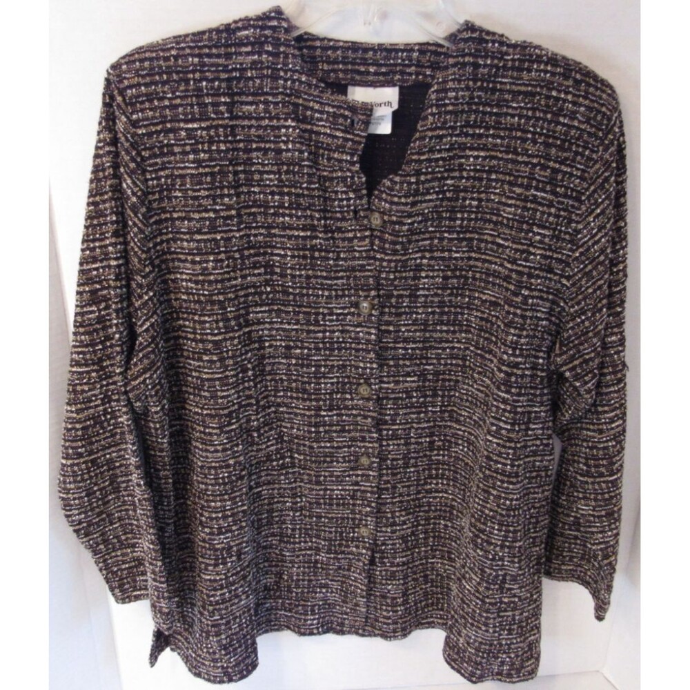 BonWorth LS Cardigan Top Natural Tweed Button Black/Brown/White Size M Petite